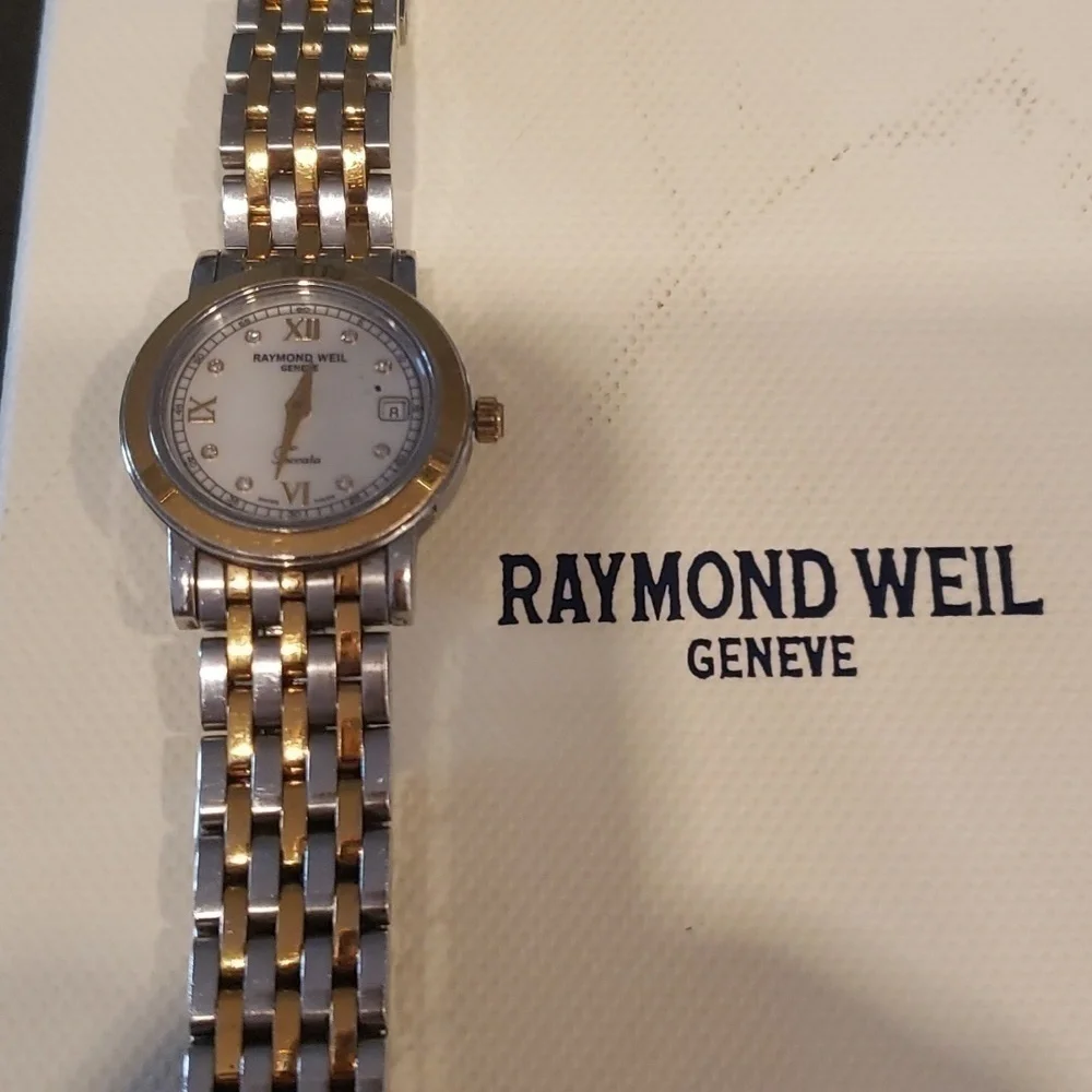 Raymond Weil Toccata woman's watch with pearl face and Diamond accents.